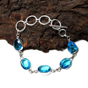 Blue Topaz Bracelet 925 Sterling Silver Bracelet Blue Topaz Gemstone Bracelet Blue Topaz Silver Jewelry Gift Bracelet For women
