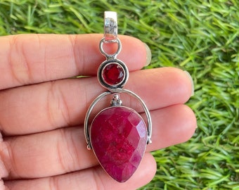 Handmade Ruby & Garnet Color Stone 925 Sterling Silver Pendant