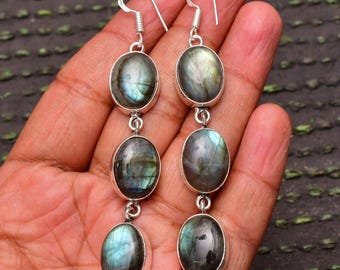 Orecchini A Punto In Argento 925 Con Labradorite Naturale Blu - Fatti A Mano - India