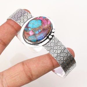 Pink Spiny Oyster Cuff 925 Sterling Silver Bangle Spiny Oyster Gemstone Bracelet Handmade Spiny Oyster Silver Jewelry Bangle for Gift