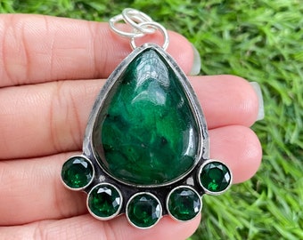 Handmade Green Labradorite 925 Sterling Silver Pendant with Diopside