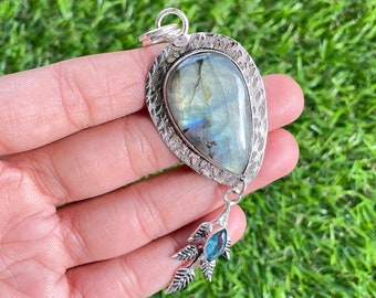 55Carat Genuine Labradorite Sterling Silver Astrological Pendant for Women Charms Vintage Mixed Shape Necklace