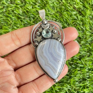 Blue Lace Agate Pendant 925 Sterling Silver Pendant Owl Blue Lace Agate Gemstone Pendant Handmade Silver Gemstone Jewelry Silver Pendant