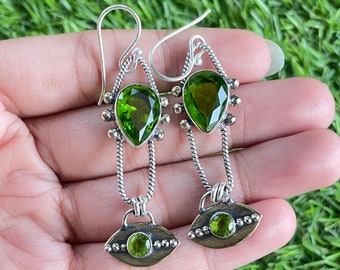 Pendientes de peridoto hechos a mano: plata de ley 925, baño de oro de 18 k