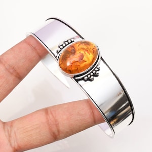 Handmade Baltic Amber Cuff: 925 Sterling Silver Bangle