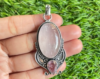 Rose Quartz Pendant 925 Sterling Silver Pendant Necklace Pink Necklace Healing Necklace Gift for her Handmade Pendant October Birthstone