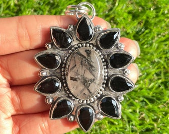 Handmade Black Rutile Gemstone 925 Sterling Silver Pendant