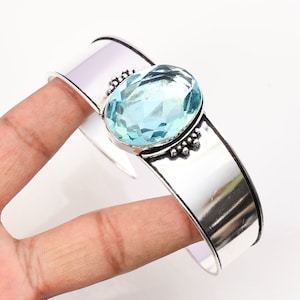 Blue Topaz Cuff 925 Sterling Silver Bangle Blue Topaz Gemstone Bracelet Handmade Blue Topaz Silver Jewelry Bangle Bracelets For women