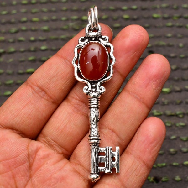 Carnelian Key Pendant: Handmade Sterling Silver Necklace, Healing Jewelry