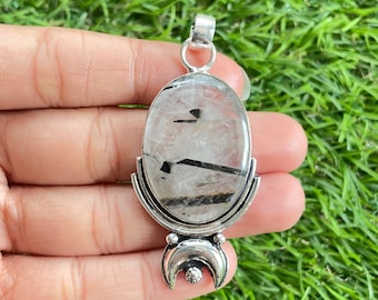 Black Rutile Quartz Pendant: Handmade 925 Sterling Silver Gemstone Jewelry