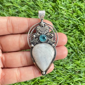 Handmade Moonstone Pendant: 925 Sterling Silver, Blue Topaz Accent