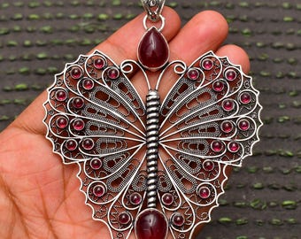 Butterfly Garnet Pendant: 925 Sterling Silver Necklace