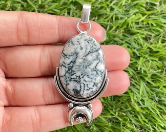 Handmade Tree Agate 925 Sterling Silver Pendant - 6cm
