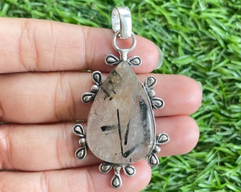 Black Rutile Quartz Pendant: Handmade 925 Sterling Silver Gemstone Jewelry