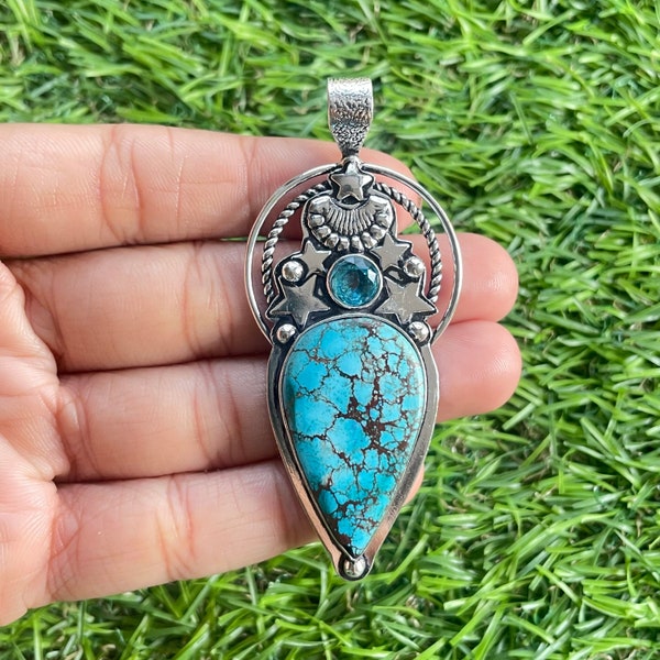 Turquoise Pendant 925 Sterling Silver Pendant Turquoise Gemstone Pendant Handmade Silver Gemstone Jewellery Turquoise Pendant For Necklace