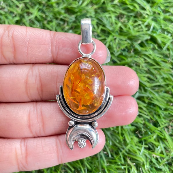 Baltic Amber Pendant 925 Sterling Silver Pendant Baltic Amber Gemstone Handmade Silver Jewelry Amber Silver Pendant For Necklaces Women