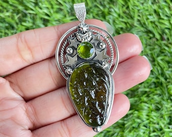 Handmade Moldavite & Peridot 925 Sterling Silver Pendant