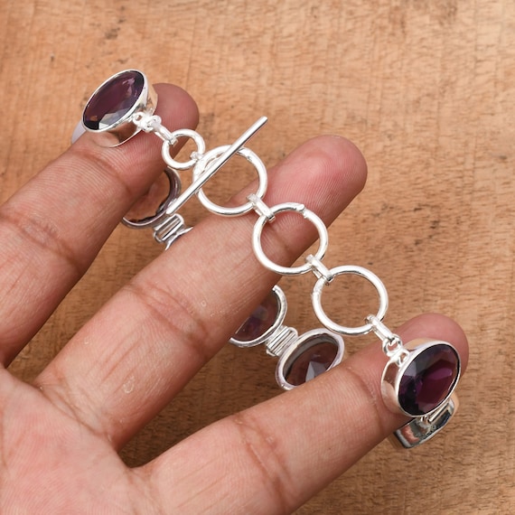 Bracelet Réglable En Argent 925 Fait Main Avec Améthyste Verte - Pierre De Synthèse - Livraison Gratuite