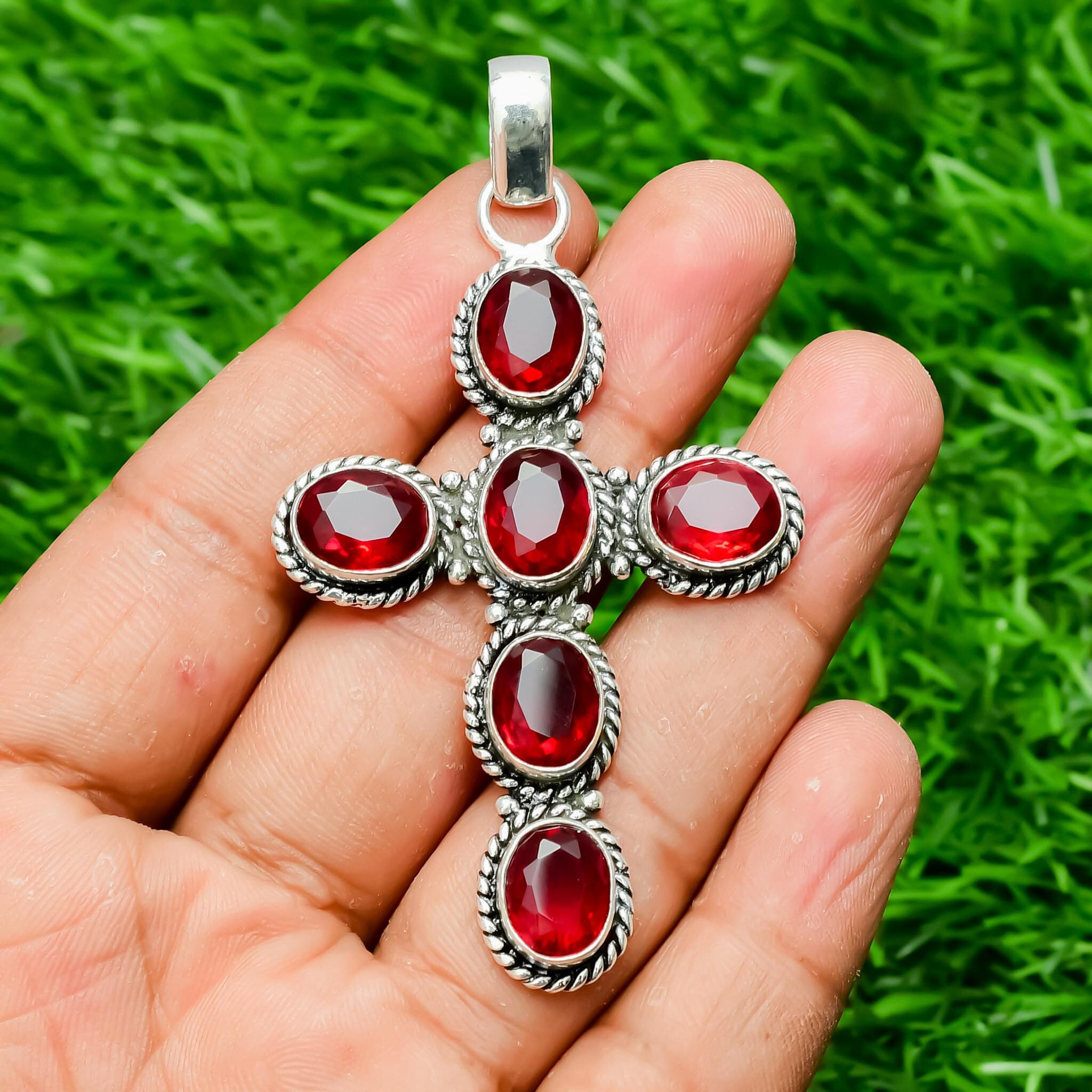 Handmade Garnet Cross Pendant: 925 Sterling Silver Gemstone