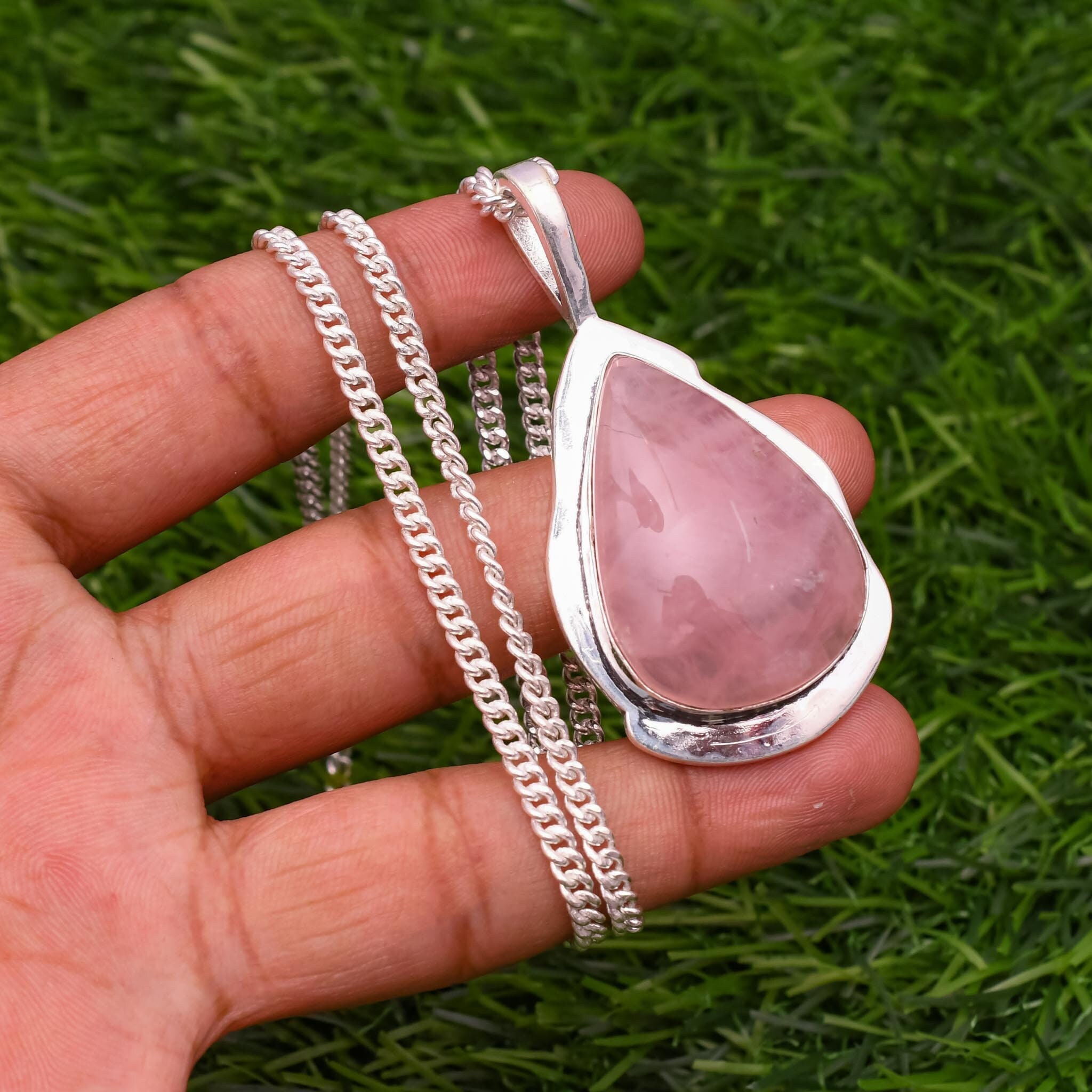 Collana Con Ciondolo In Argento 925 E Quarzo Rosa Naturale, Pietra A Goccia Incastonata A Mano, Gioiello Donna