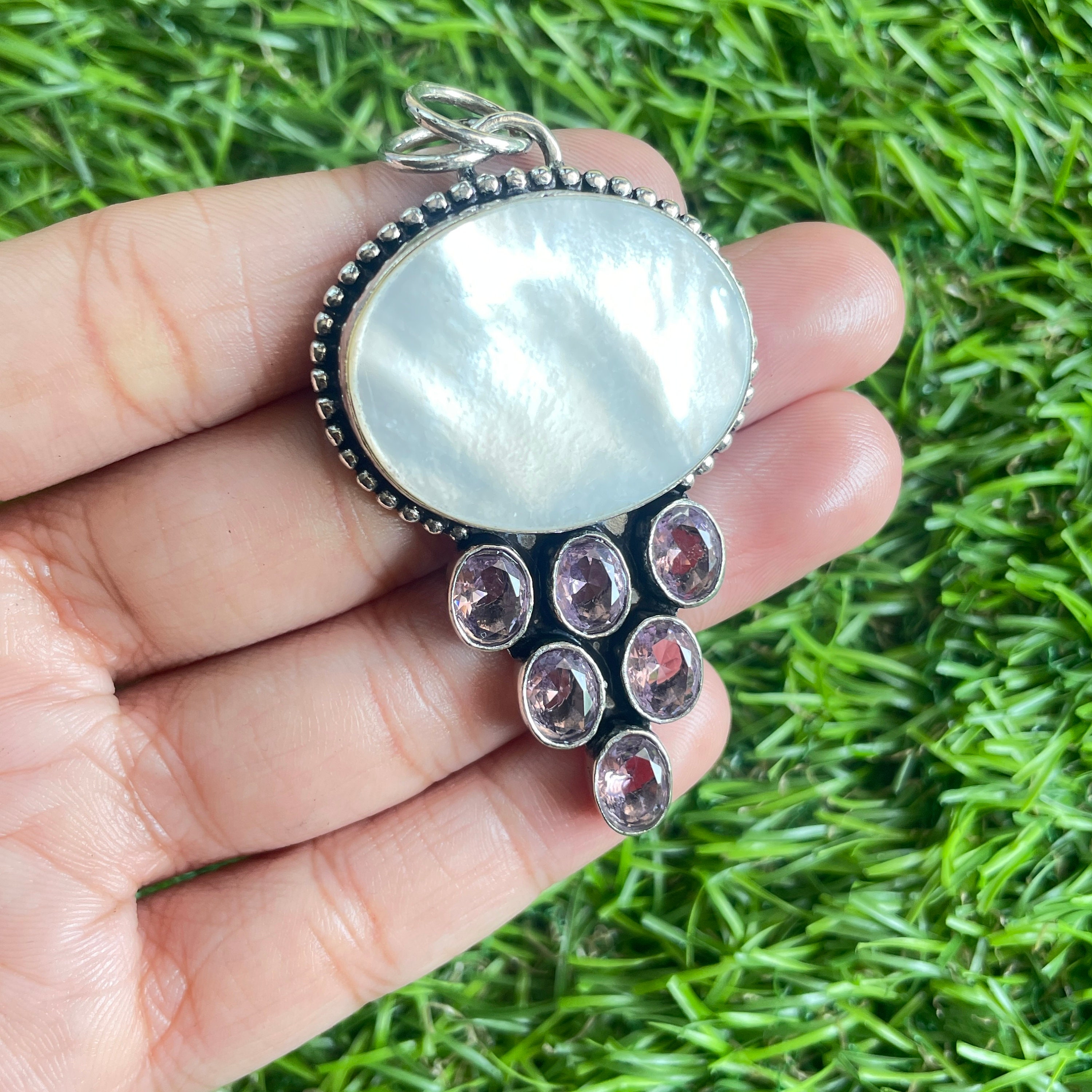 Pendentif En Argent 925 Et Nacre Naturelle - Fait Main En Inde - Longueur 2,5 Pouces - Neuf Sans Emballage