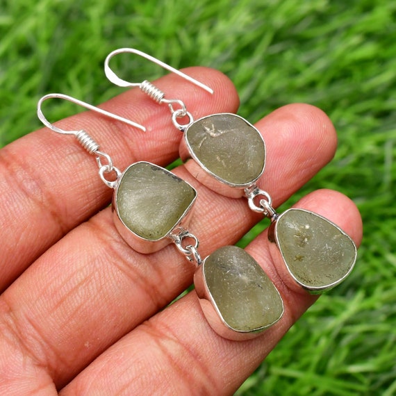 Handmade Prehnite Earrings: 925 Sterling Silver Rough Gemstone Dangle