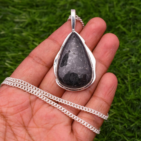 Nuummite Sterling Silver Pendant: Handmade Pear Gemstone Necklace