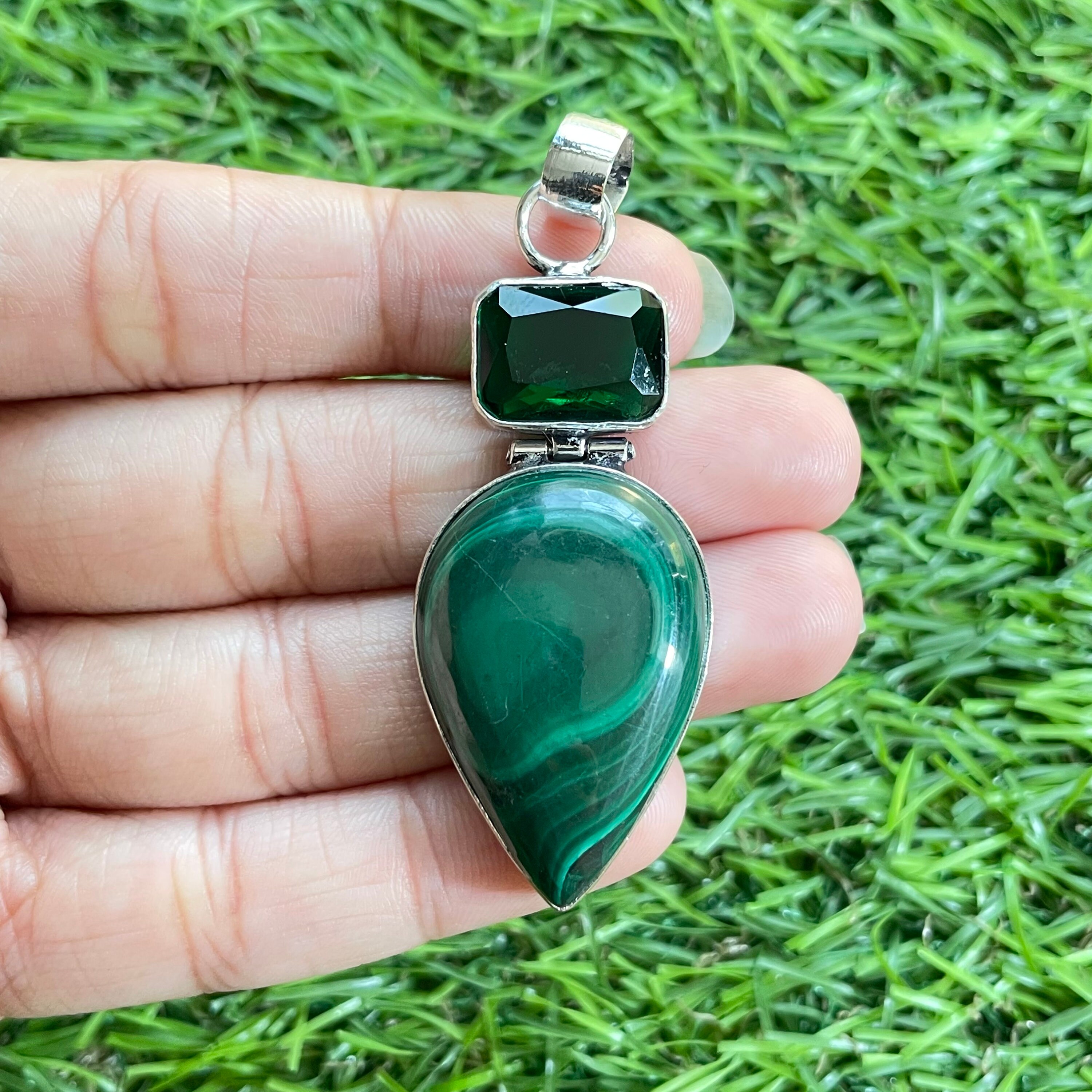 送税込【CRAFTD London】Malachite Clover Stone Pendant☆(2色) Malachite Clover Stone Pendant (Silver)