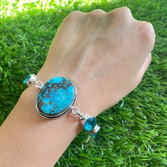 Handmade Turquoise & Blue Topaz 925 Sterling Silver Bracelet