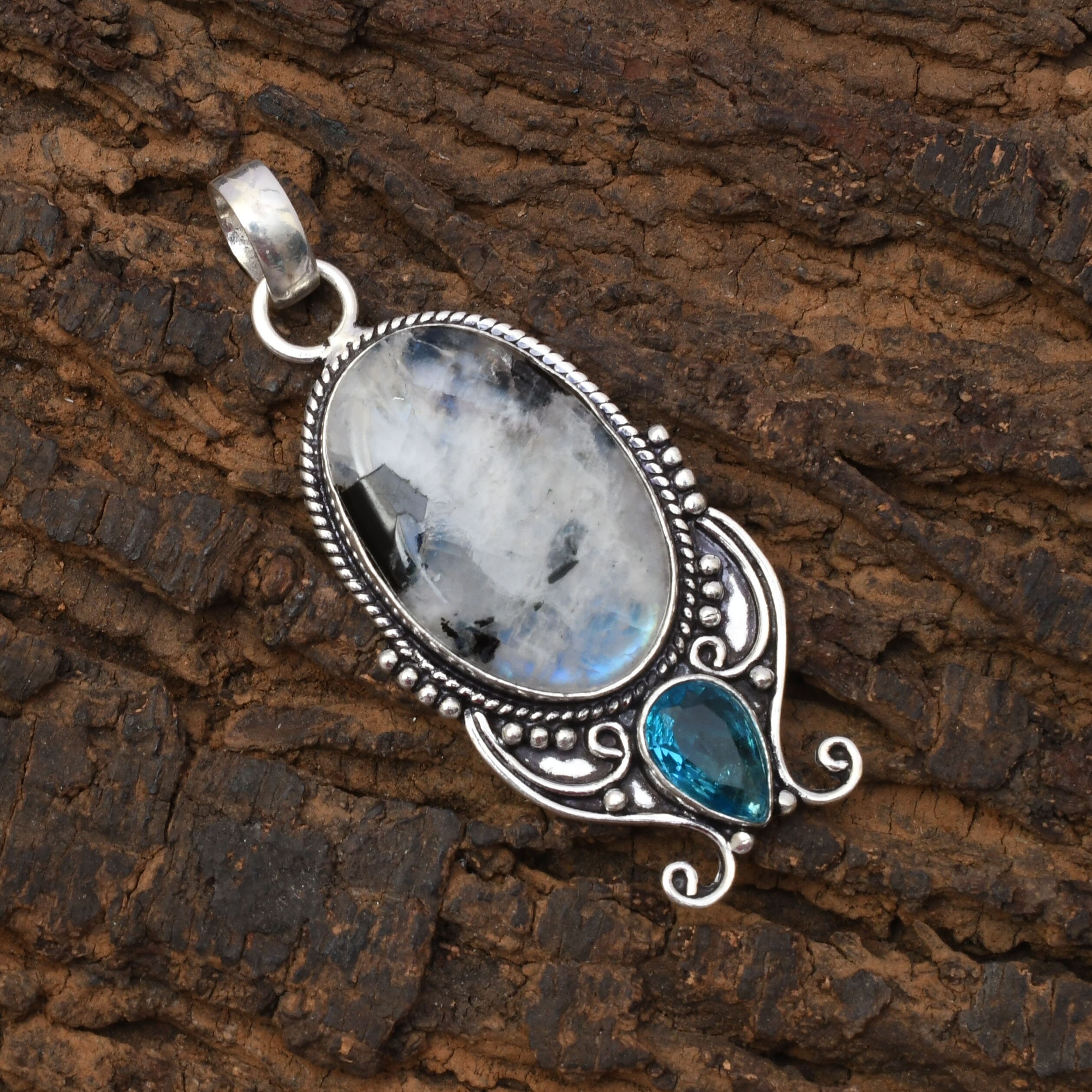 Pendentif Argent 925 Topaze Et Pierre De Lune - Fait Main - Inde