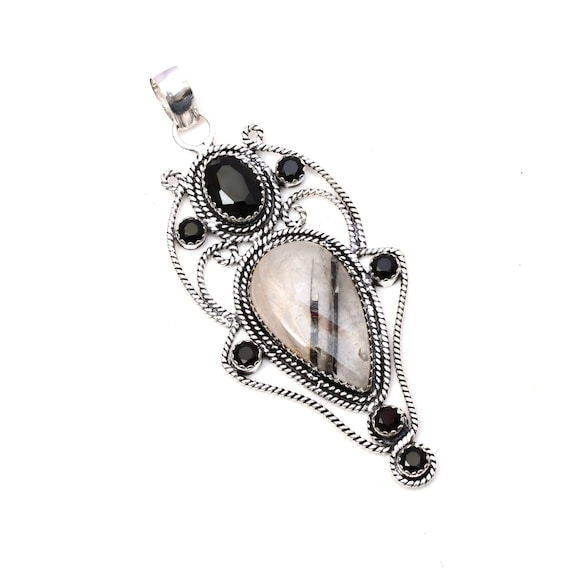 Black Rutile Pendant 925 Sterling Silver Pendant Rutile Gemstone Handmade  Silver Gemstone Jewelry Black Rutile Silver Pendant For Necklaces