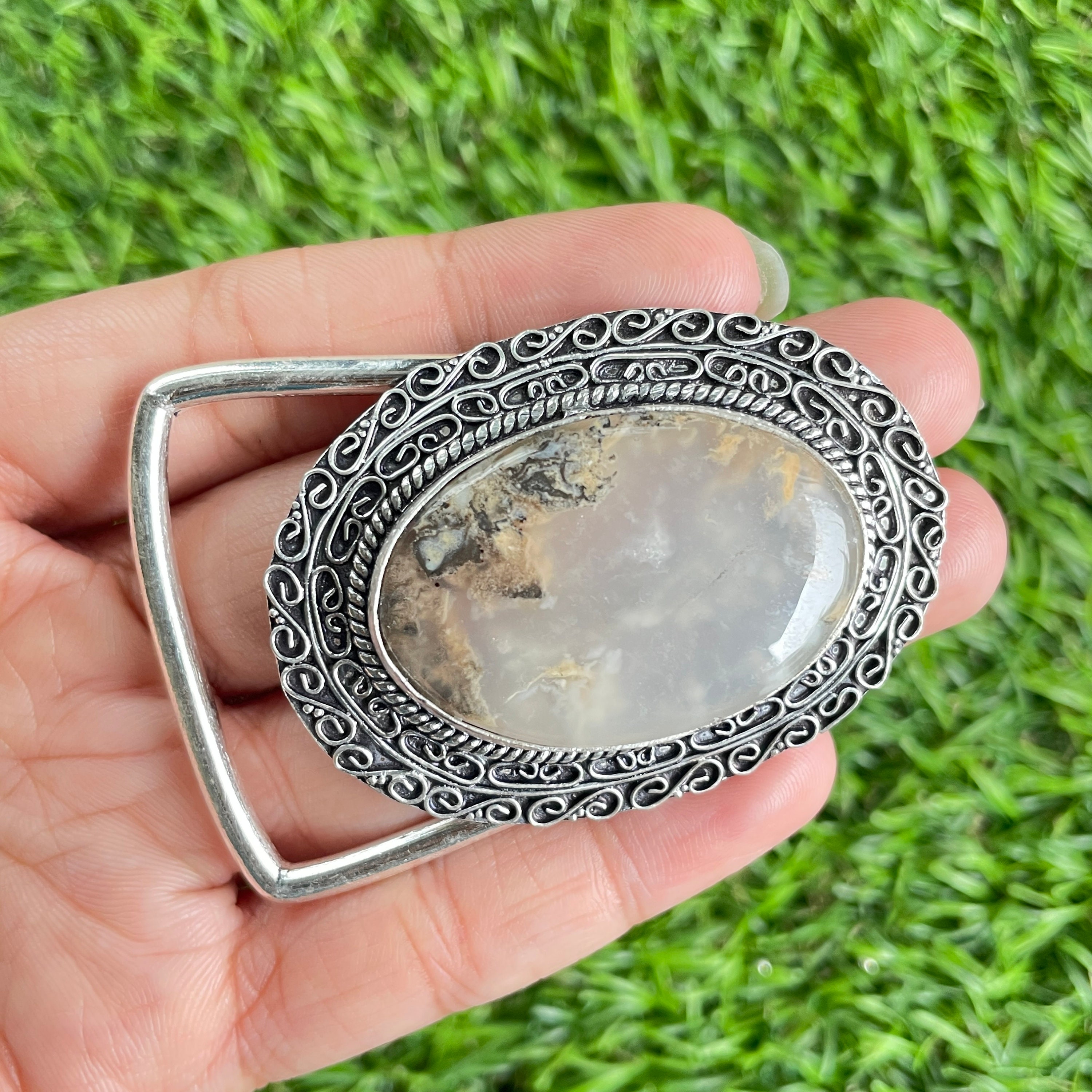 Dendritic Quartz Gemstone Belt Buckle 925 Sterling Silver Belt 