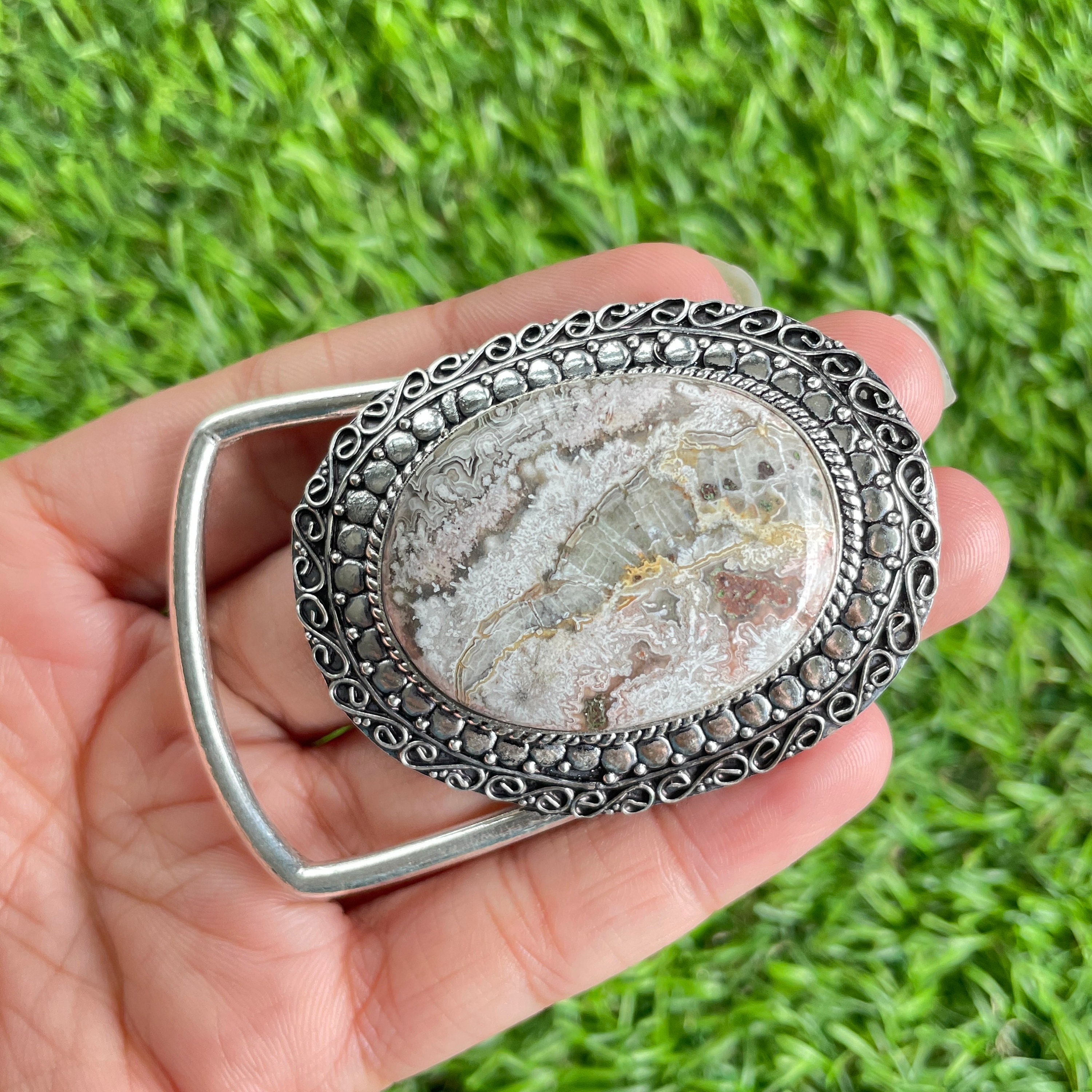 Crazy Lace Agate Gemstone Belt Buckle 925 Sterling Silver Belt 