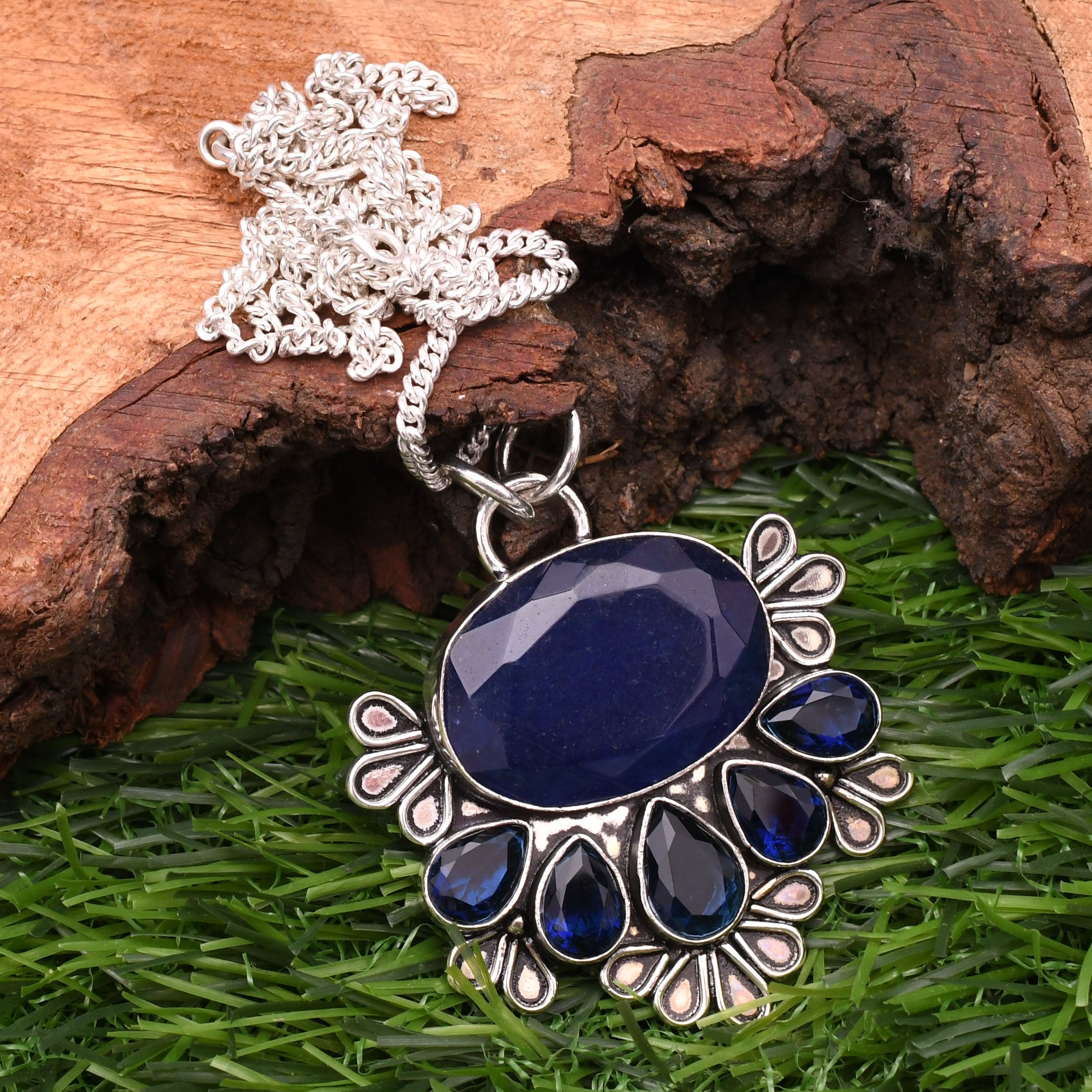 Blue Sapphire 925 Sterling Silver Pendant - Handmade Stone Jewelry