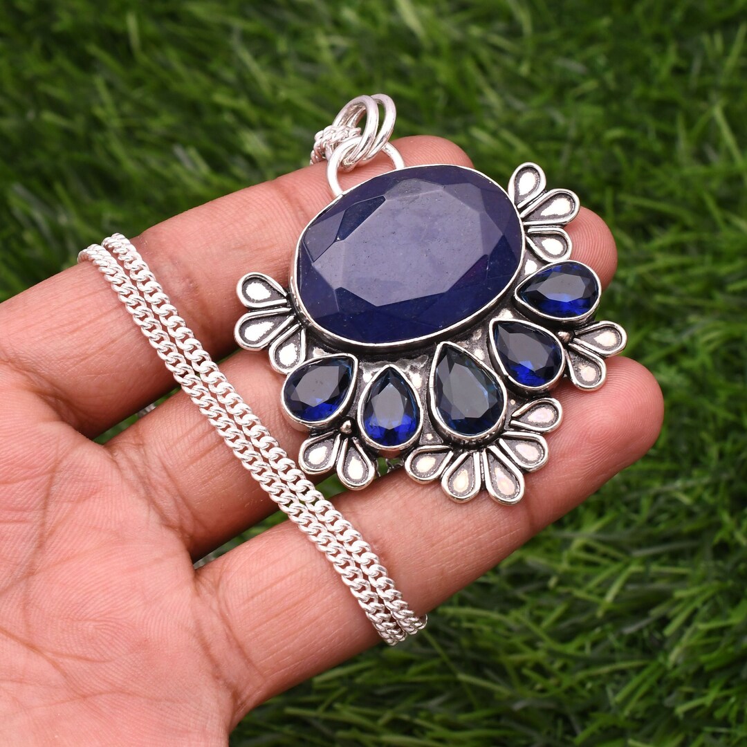 Blue Sapphire 925 Sterling Silver Pendant - Handmade Stone Jewelry