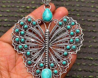 天然ターコイズバタフライペンダント、記念日ペンダント、925