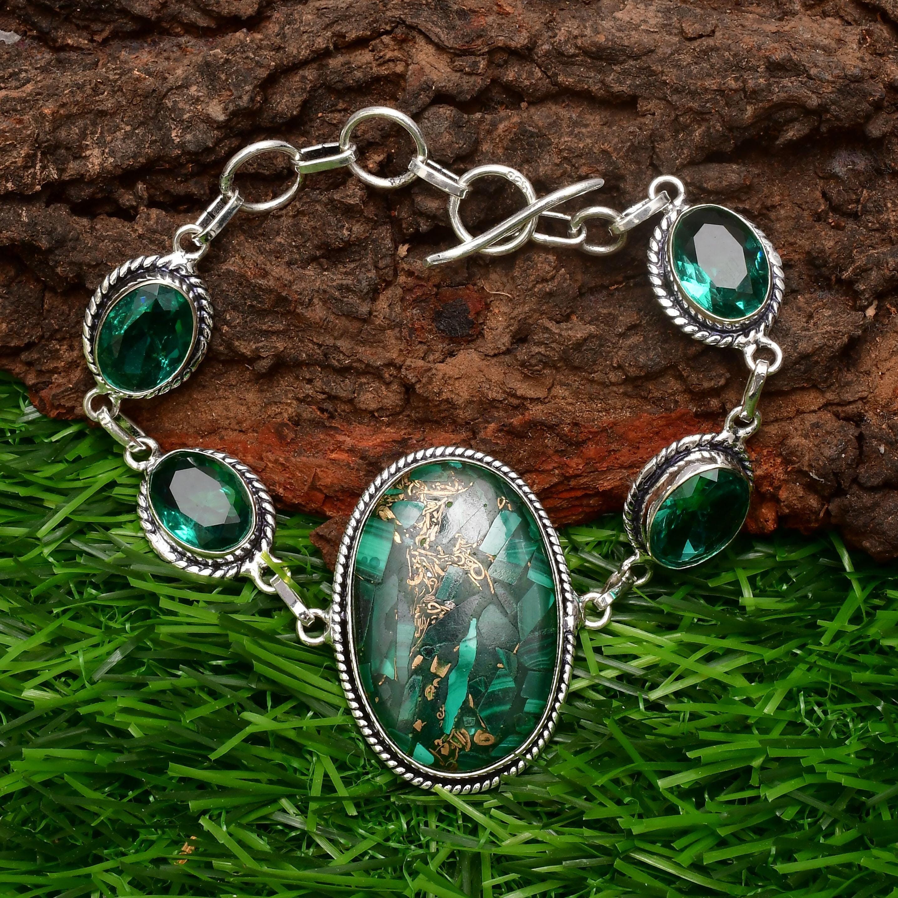 JFASHOP Bracelet Malachite Argent 925 Bracelet Malachite Pour Femmes Malachite Bracelet Réglable Malachite Bijoux Cadeaux Pour Femmes Enfants Maman Femme Petite Amie Fille Filles