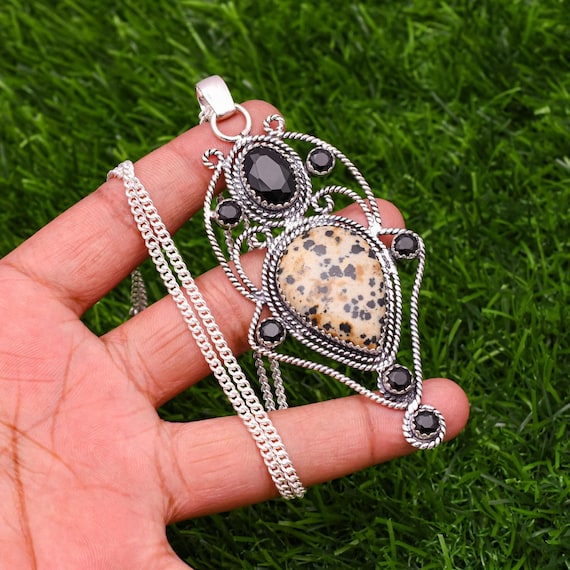 Pendentif En Jaspe Dalmatien Et Argent 925 - Fait Main - Longueur 2,25 Pouces