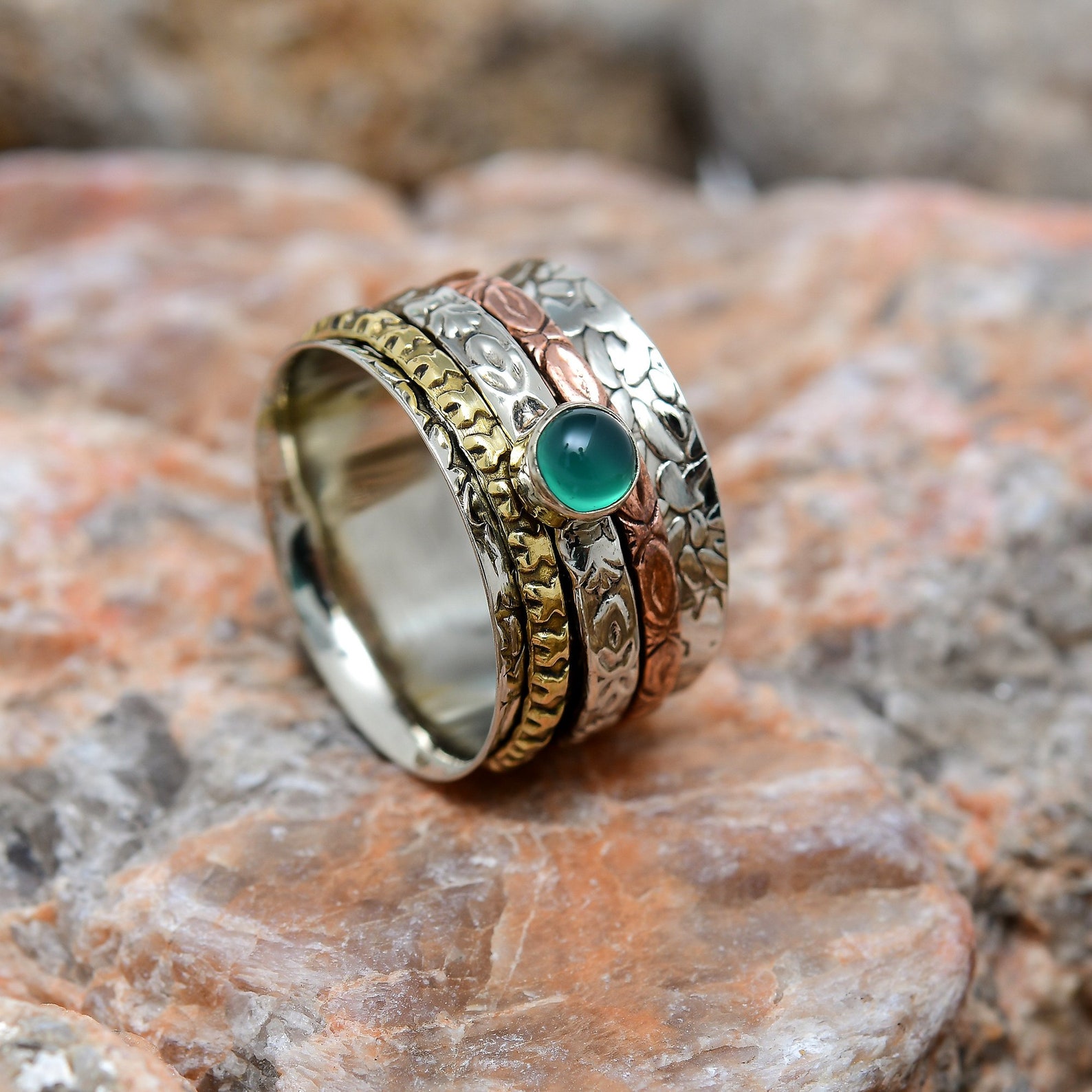 Unique Three Tone Spinner Ring with Gemstone 925 Sterling Etsy