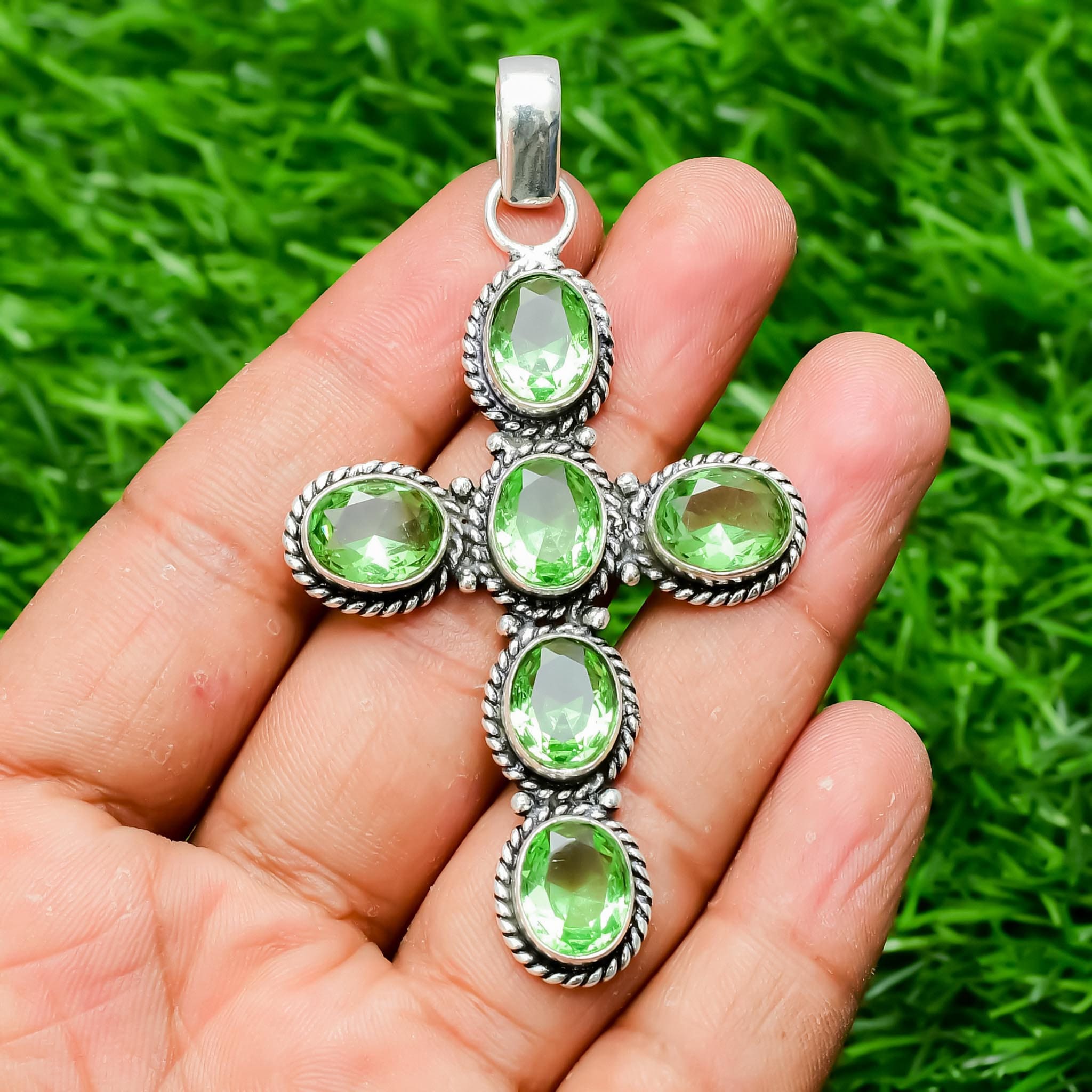 Green Amethyst Gemstone : 925 Sterling Silver Handmade Cross