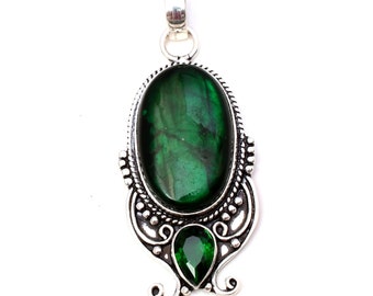 Handmade Green Labradorite & Diopside 925 Sterling Silver Pendant Jewelry
