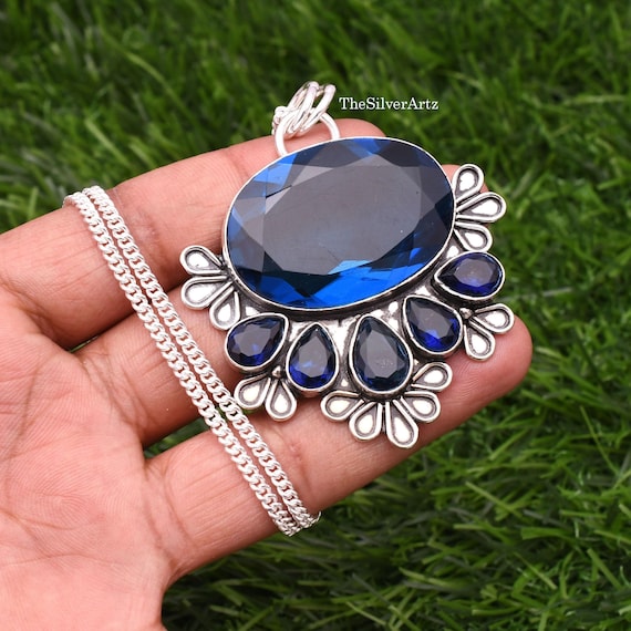 Handmade Blue Sapphire 925 Sterling Silver Pendant - Gemstone