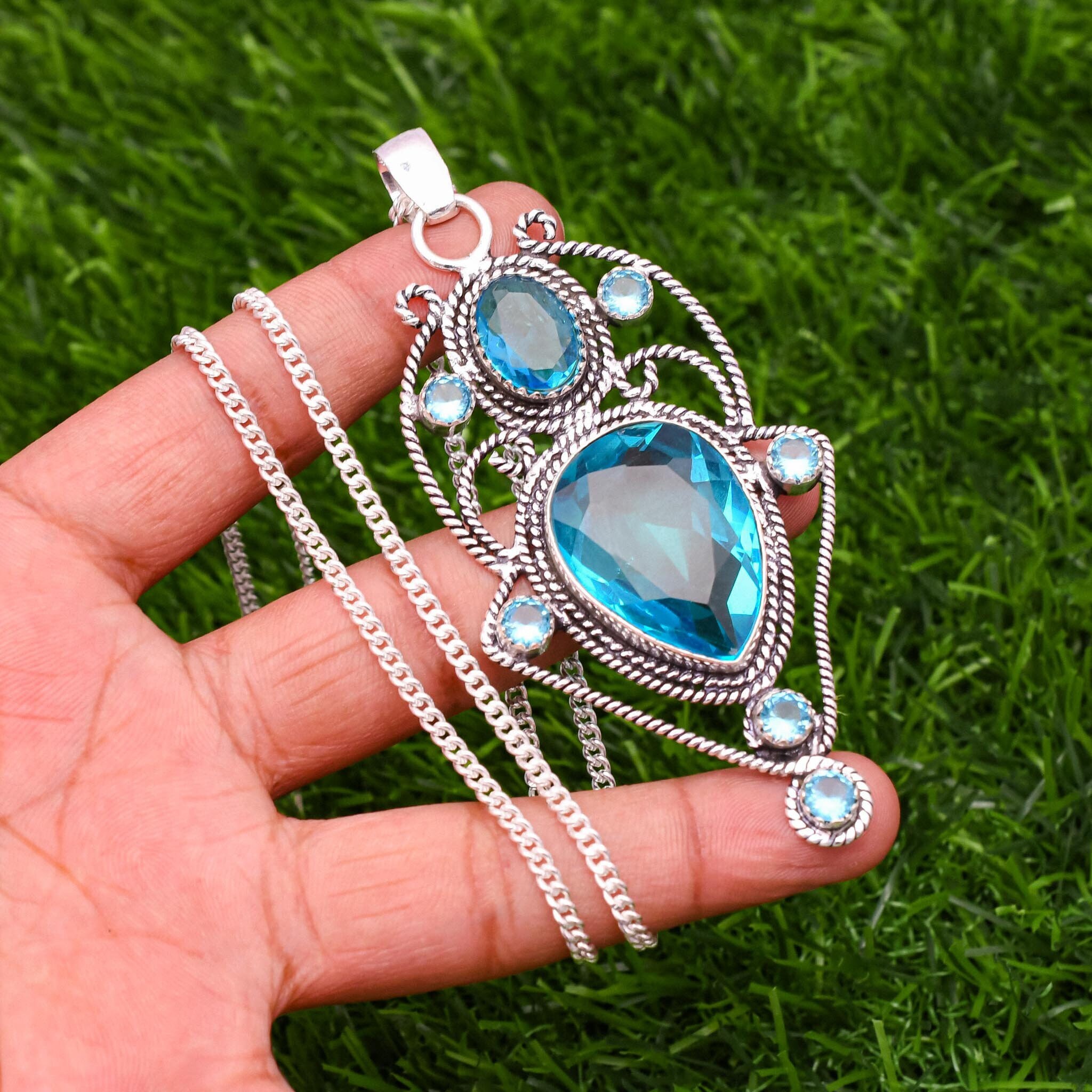 Ciondolo Antico In Argento Sterling 925 Fatto A Mano Con Pietra Preziosa Di Topazio Blu Svizzero, Ciondolo In Argento Boho Fatto A Mano, Regalo Del Ringraziamento, Regalo Di Natale - Italia - Foto 3