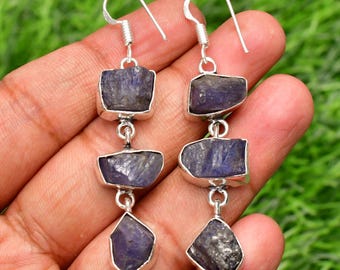 Handmade Kyanite Dangle Earrings: 925 Sterling Silver Rough Gemstone