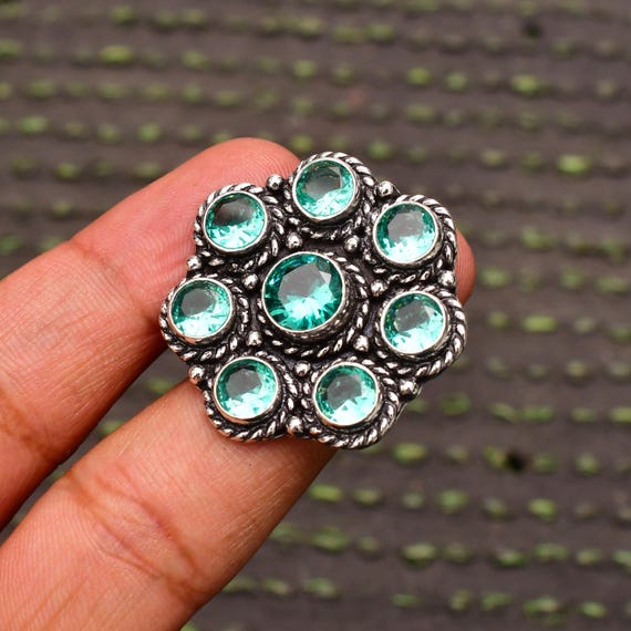 パライバトルマリンフラワーリング：ハンドメイドスターリングシルバー