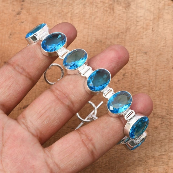 Bracelet En Argent Sterling 925 Avec Topazes Bleues De Londres Naturelles - Ajustable - Fait Main