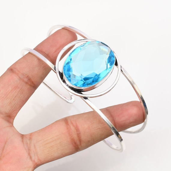 ブルートパーズカフ：ハンドメイド925スターリングシルバーバングル