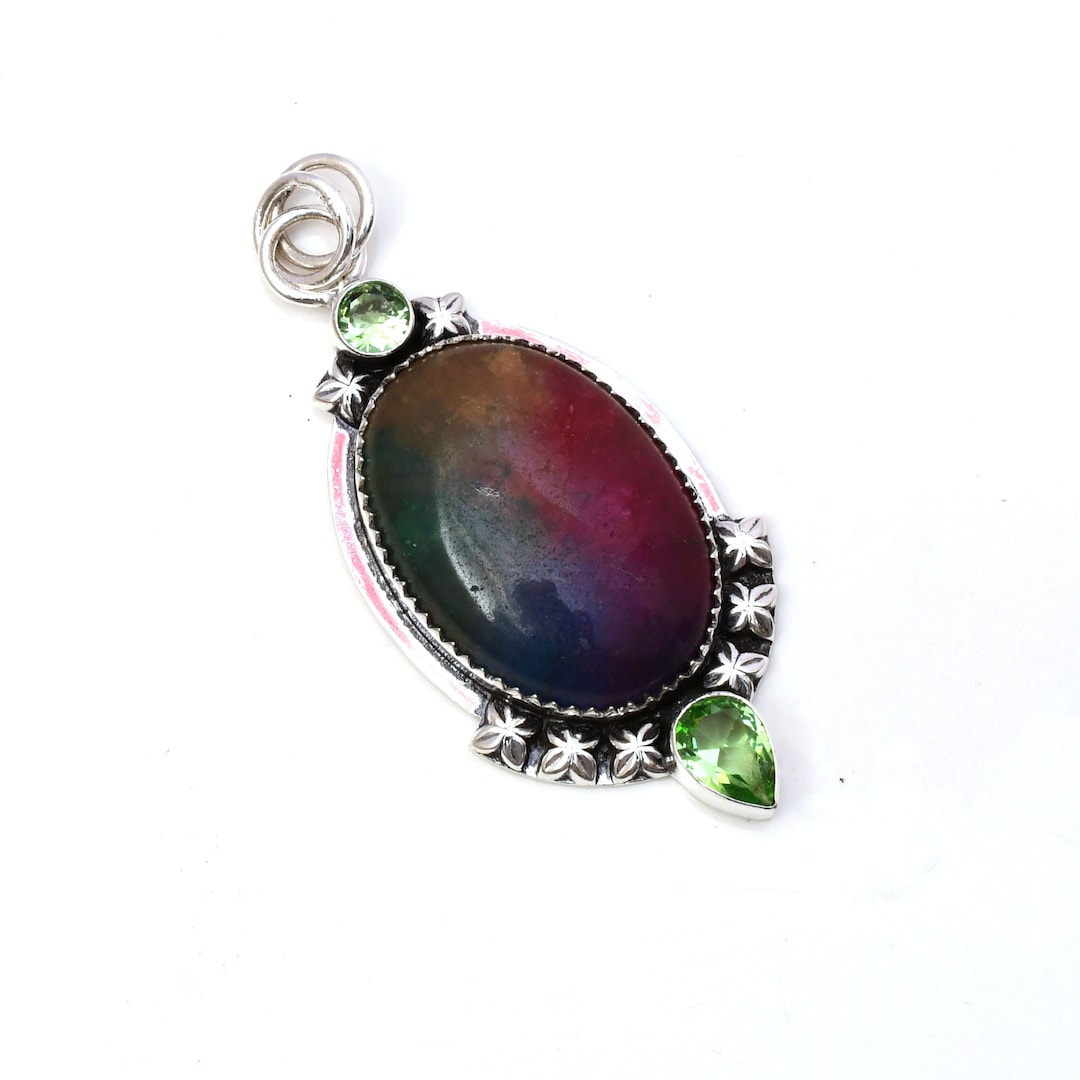 Pendentif En Argent 925 Avec Quartz Solaire Naturel - Fait Main, Longueur 2,25 Pouces, Pierre Multicolore