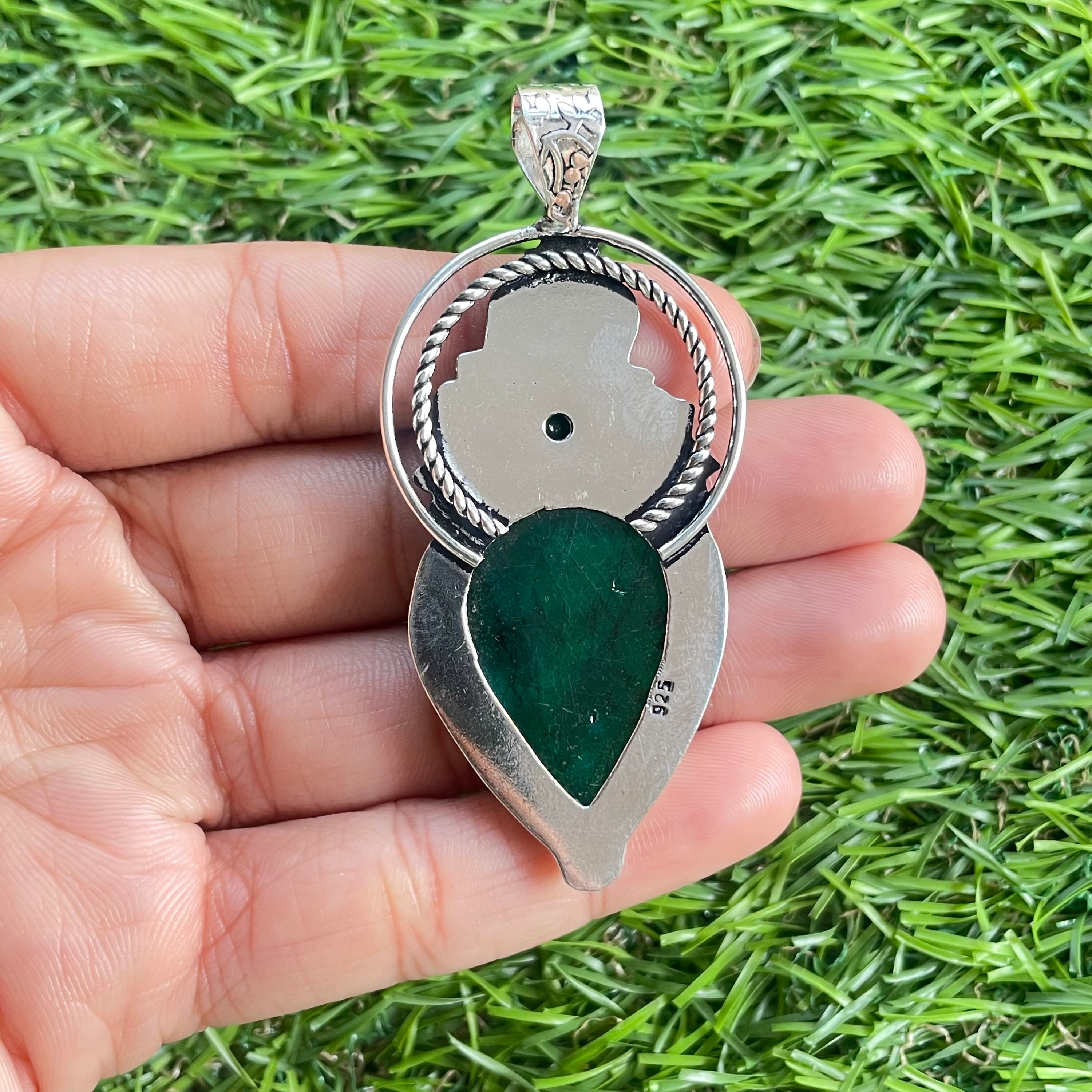 Ciondolo Artigianale In Argento 925 Con Tormalina Verde – Fatto A Mano, Lunghezza 2,5 Pollici, India