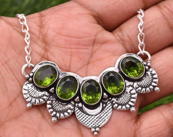 Collier Argent Sterling 925 Péridot Vert - Fait Main, Pierre Cabochon, Longueur 18 Pouces